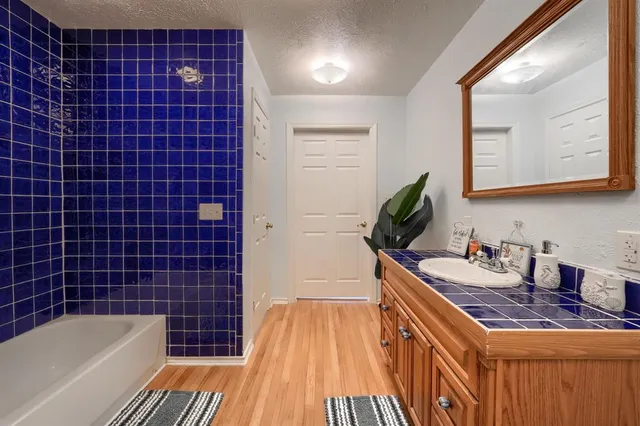 a bathroom with a bathtub
