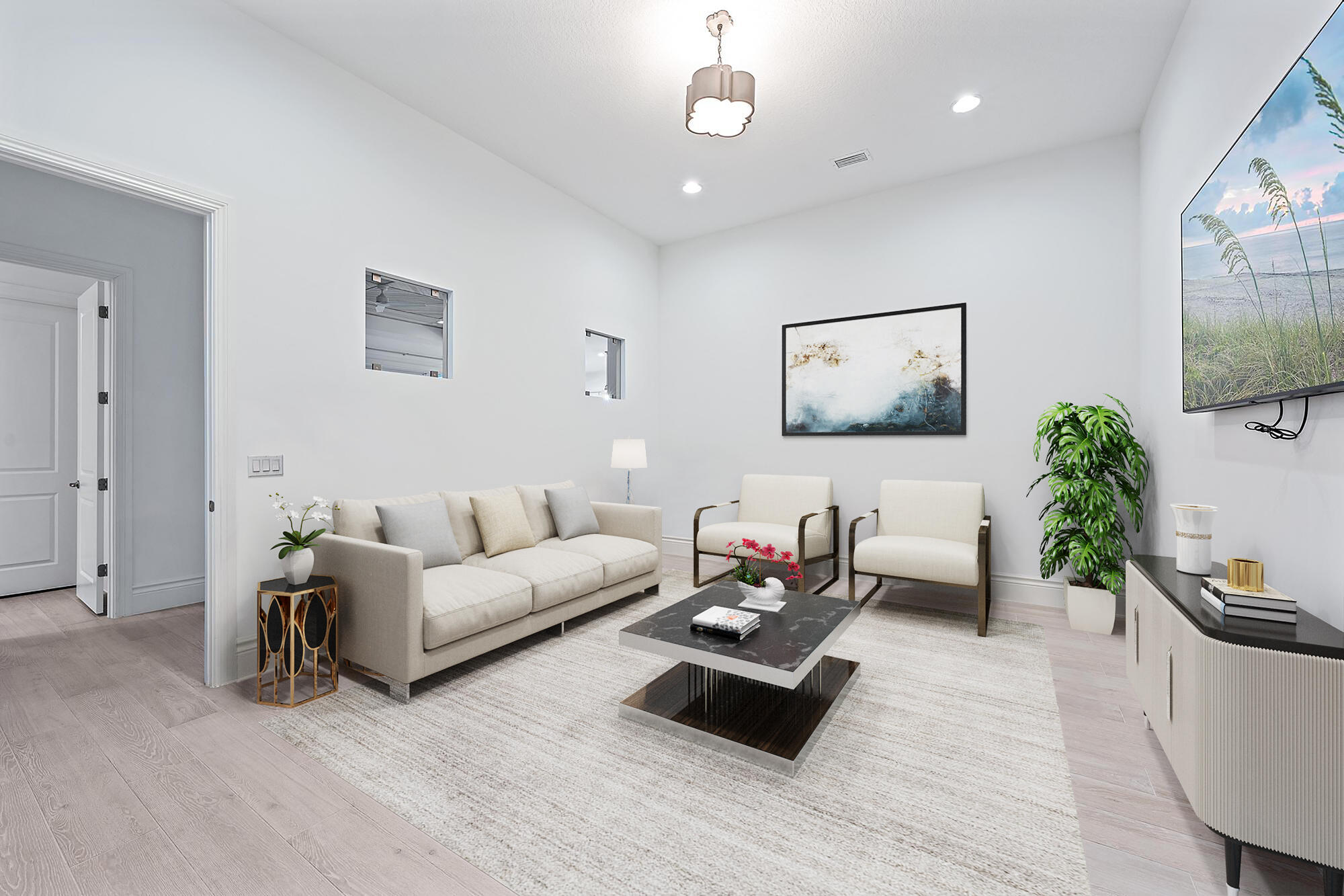 10096 Calabrese Trail Jupiter, FL 33478 - Photo 48 of 58 a living room with furniture a large window and a flat screen tv
