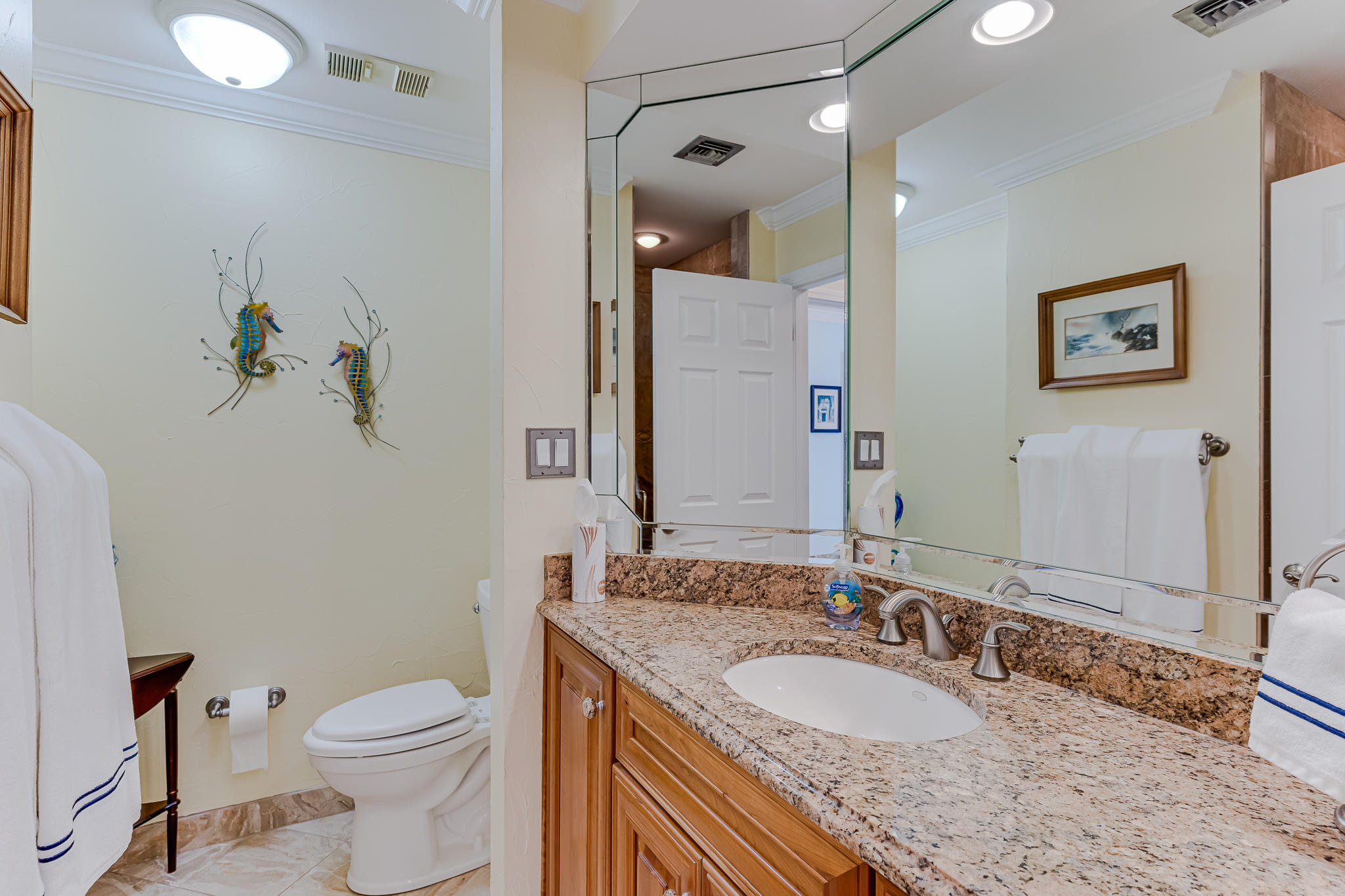 1096 Scenic Gulf Drive, Unit PH 1602 Miramar Beach, FL 32550 - Photo 39 of 80 a bathroom with a granite countertop sink a toilet a mirror and shower