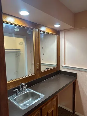 a bathroom with a sink and a mirror