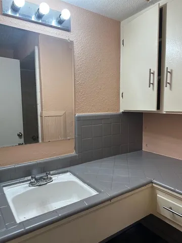 a bathroom with a sink and a mirror