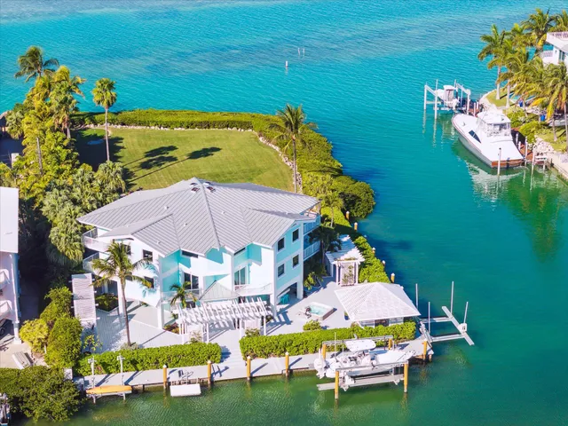 a view of an ocean with boats and palm trees