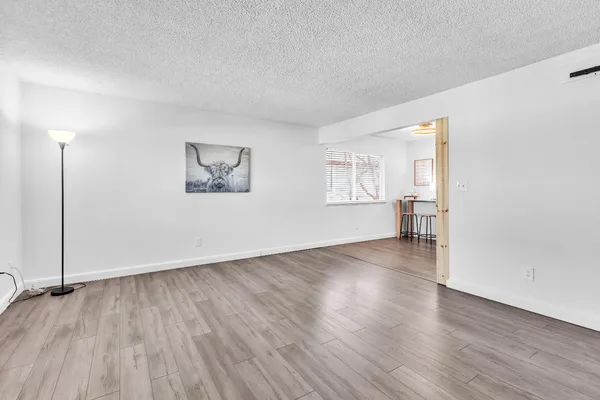 an empty room with wooden floor and door