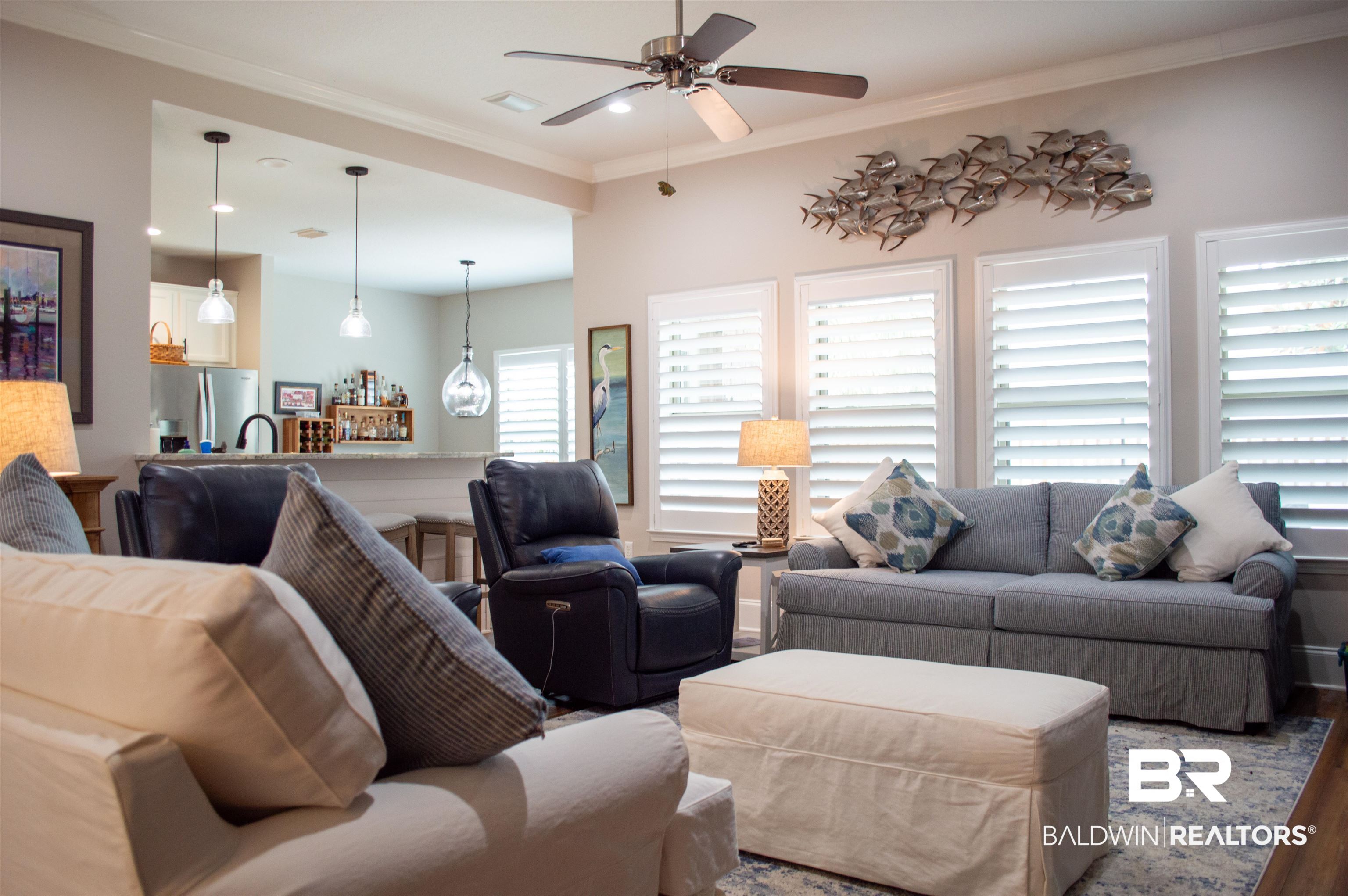 1124 West Orlando Drive Foley, AL 36535 - Photo 7 of 51 Living room featuring ceiling fan, ornamental molding, recessed lighting, and wood finished floors