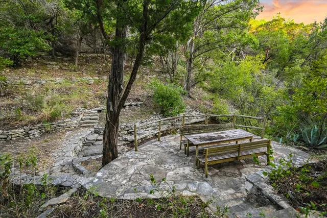a view of a wooden house with a yard and large tree