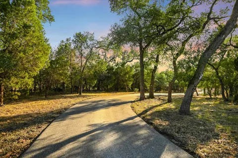 a view of a street with large trees