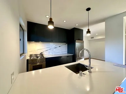 a kitchen with a sink a counter top space and stainless steel appliances