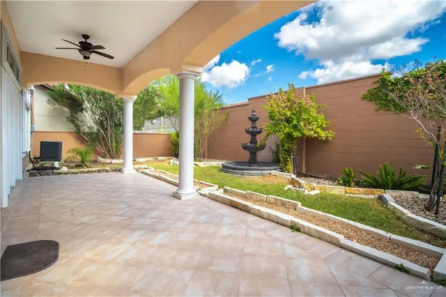 a view of a porch and garden