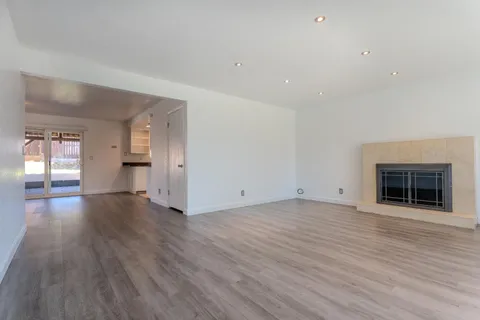 a view of empty room with wooden floor and fireplace
