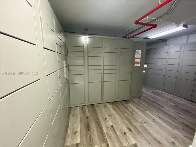 a view of a storage room with racks