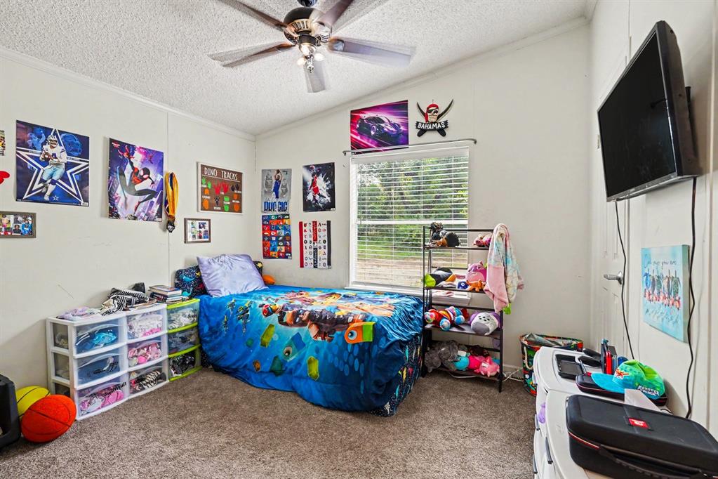 6356 Rendon Bloodworth Road Fort Worth, TX 76140 - Photo 17 of 25 Carpeted room with a ceiling fan, window with horizontal blinds, and a wall-mounted television