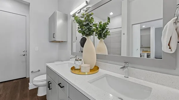 a bathroom with a sink a toilet and mirror