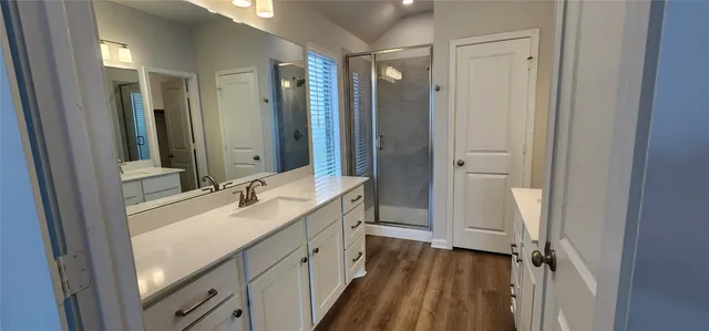a bathroom with a double vanity sink a mirror and a shower