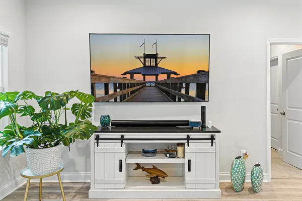a living room with furniture and potted plant