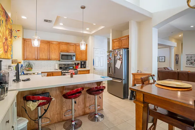 a view of a dining room and furniture