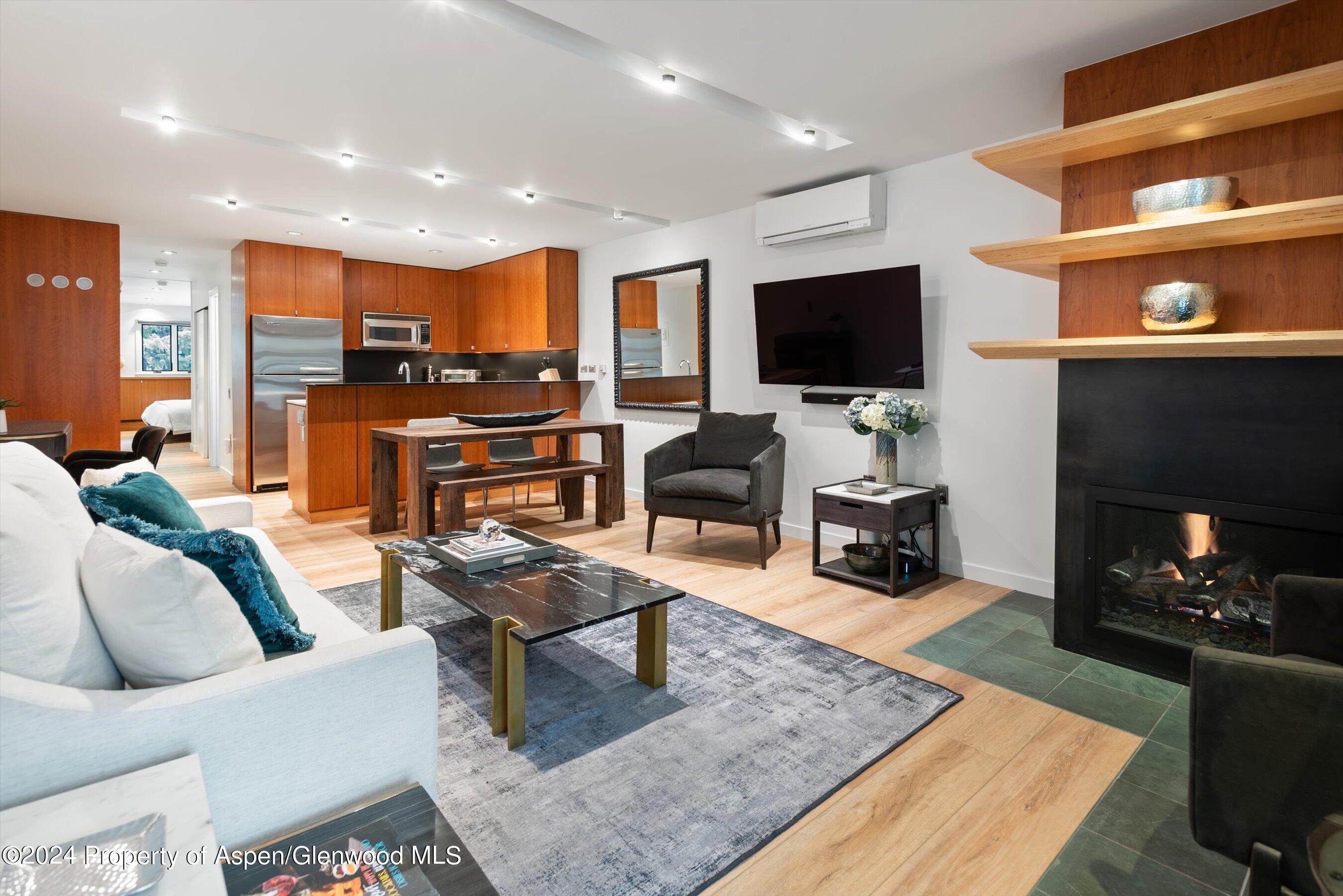 100 East Dean Street, Unit 1E Aspen, CO 81611 - Photo 2 of 10 a living room with furniture and a flat screen tv