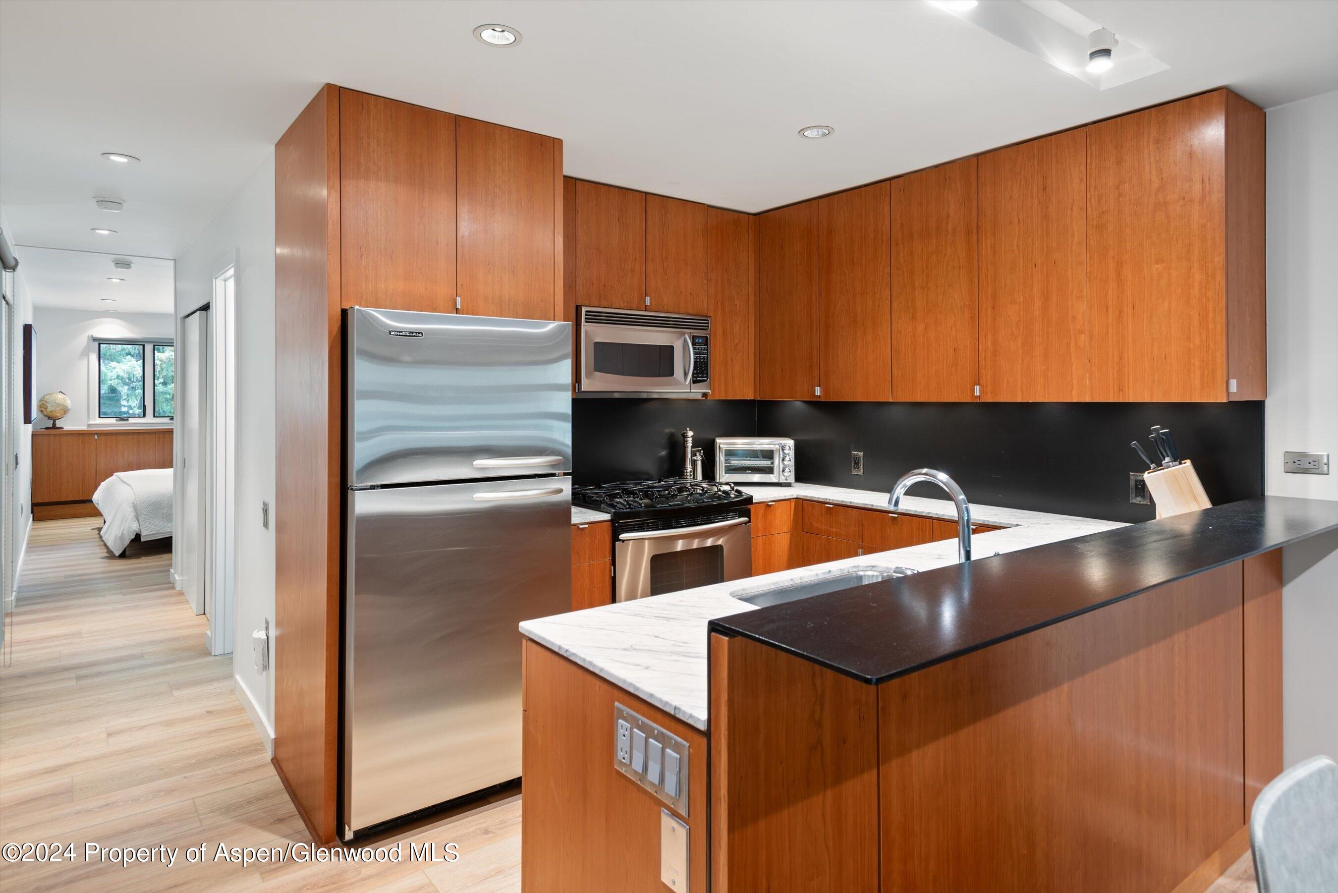 100 East Dean Street, Unit 1E Aspen, CO 81611 - Photo 5 of 10 a kitchen with stainless steel appliances granite countertop a refrigerator and a sink