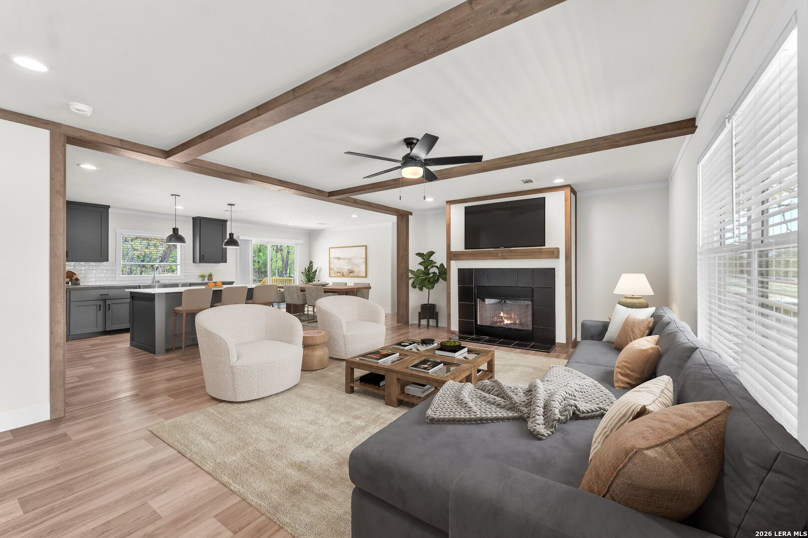 a living room with furniture and a fireplace