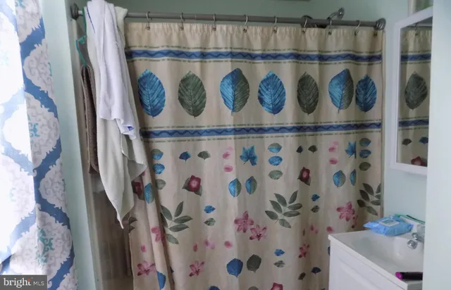 a bathroom with a bathtub and a shower curtain