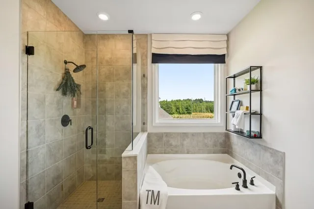 a bathroom with a bathtub and a shower