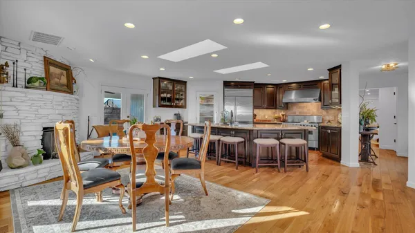 a view of a dining room with furniture