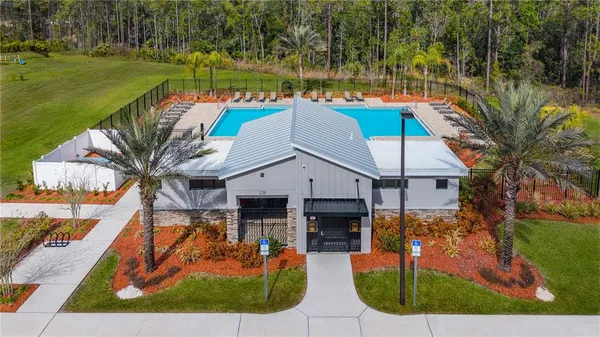 a aerial view of a house with swimming pool garden and patio