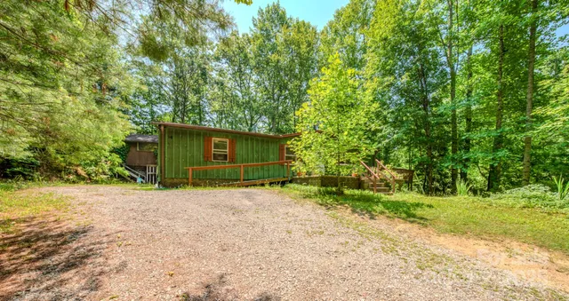 a backyard of a house with plants and large trees