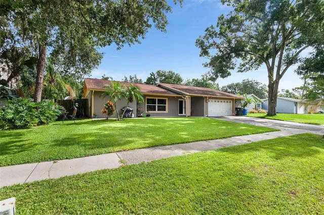 a front view of house with yard and green space