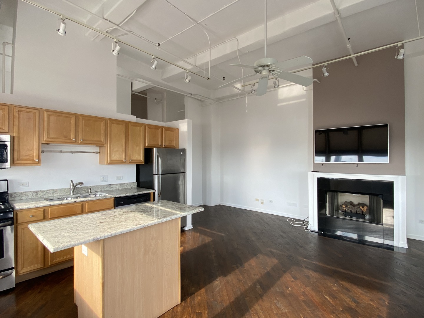 500 South Clinton Street, Unit 1017 Chicago, IL 60607 - Photo 2 of 12 a kitchen with a stove a refrigerator and a fireplace