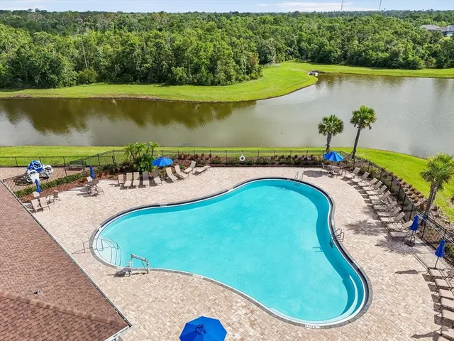 an aerial view of a swimming pool with a yard and lake view