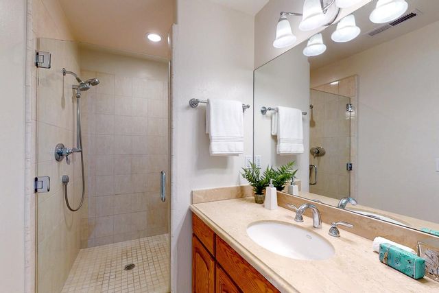 a bathroom with a granite countertop sink a shower and a mirror