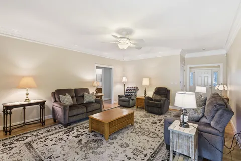 a living room with furniture ceiling fan and a rug