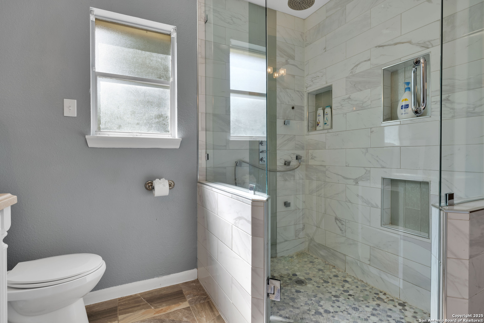 103 Shalimar Drive Castle Hills, TX 78213 - Photo 32 of 56 a bathroom with a granite countertop shower a toilet and a sink