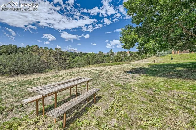 a view of a yard with wooden fence