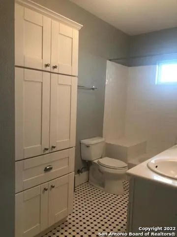 a bathroom with a sink a toilet and a shower