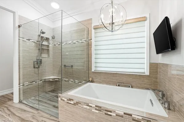 a bathroom with a bathtub and a shower