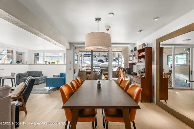 a view of a dining room with furniture