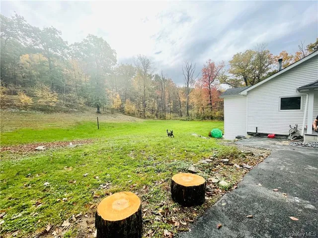 a view of a backyard with swimming pool