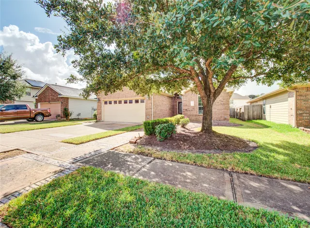 a view of a house with a yard and large tree