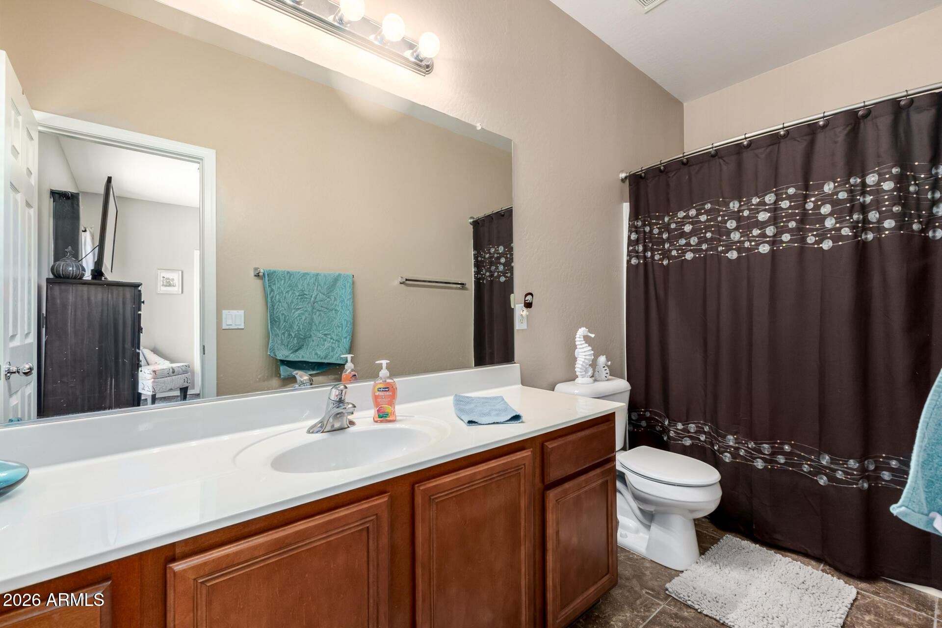 2756 South Powell Road Apache Junction, AZ 85119 - Photo 14 of 37 a bathroom with double vanity sinks a toilet a mirror and shower