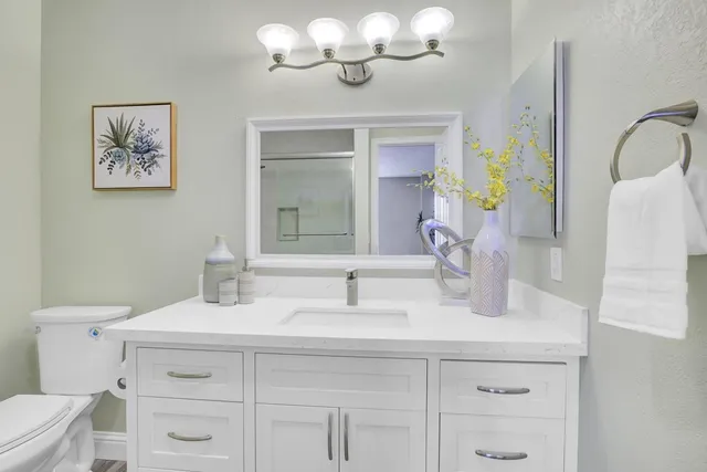 a bathroom with a sink a toilet and a mirror