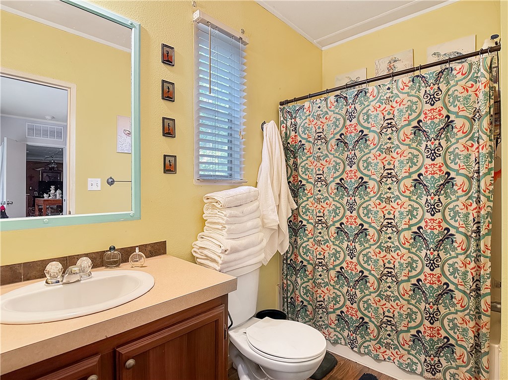 10134 Cobb Branch Road Franklin, TX 77856 - Photo 16 of 23 Bathroom with ornamental molding, vanity, and wood finished floors
