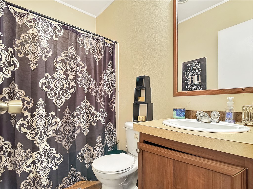 10134 Cobb Branch Road Franklin, TX 77856 - Photo 18 of 23 Bathroom with vanity, ornamental molding, and curtained shower