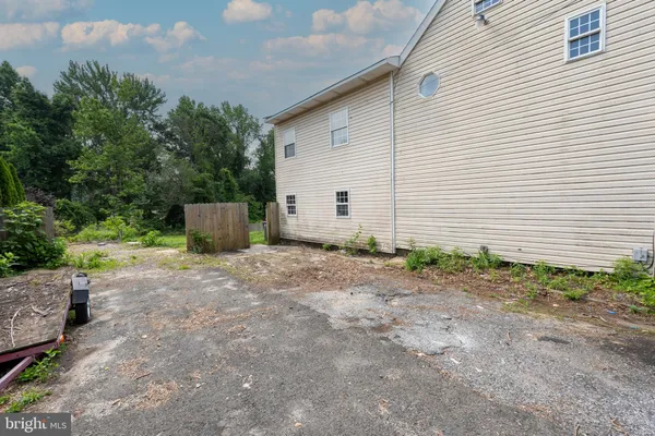 a backyard of a house with plants and tree