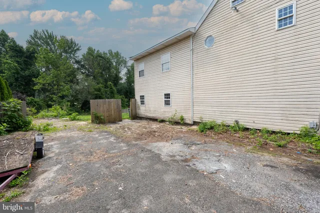 a backyard of a house with plants and tree