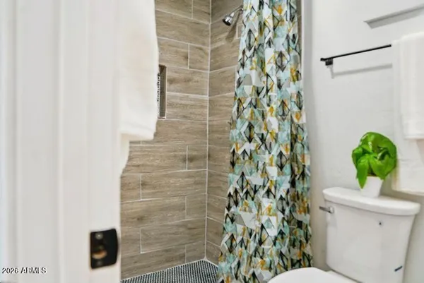 a bathroom with a toilet and a shower curtain