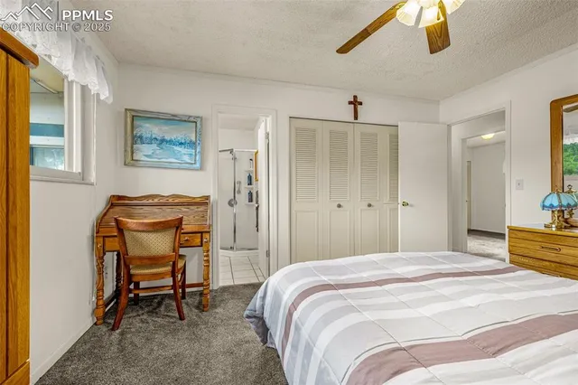 a bedroom with a bed and a desk