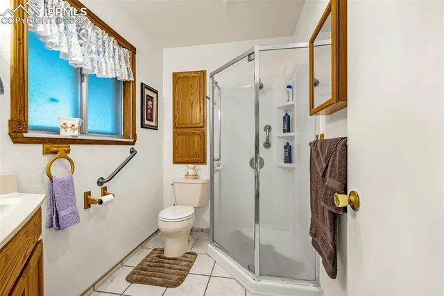 a bathroom with a shower and a toilet