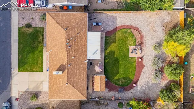 an aerial view of a swimming pool