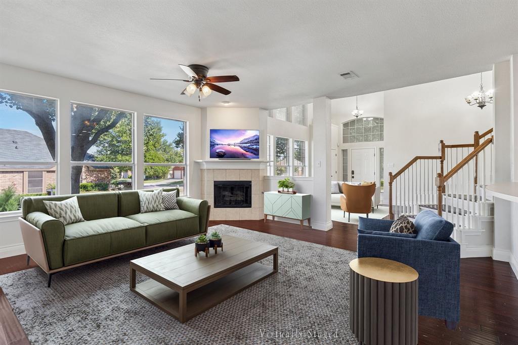 4509 Gila Bend Lane Fort Worth, TX 76137 - Photo 8 of 28 a living room with furniture a fireplace and a large window